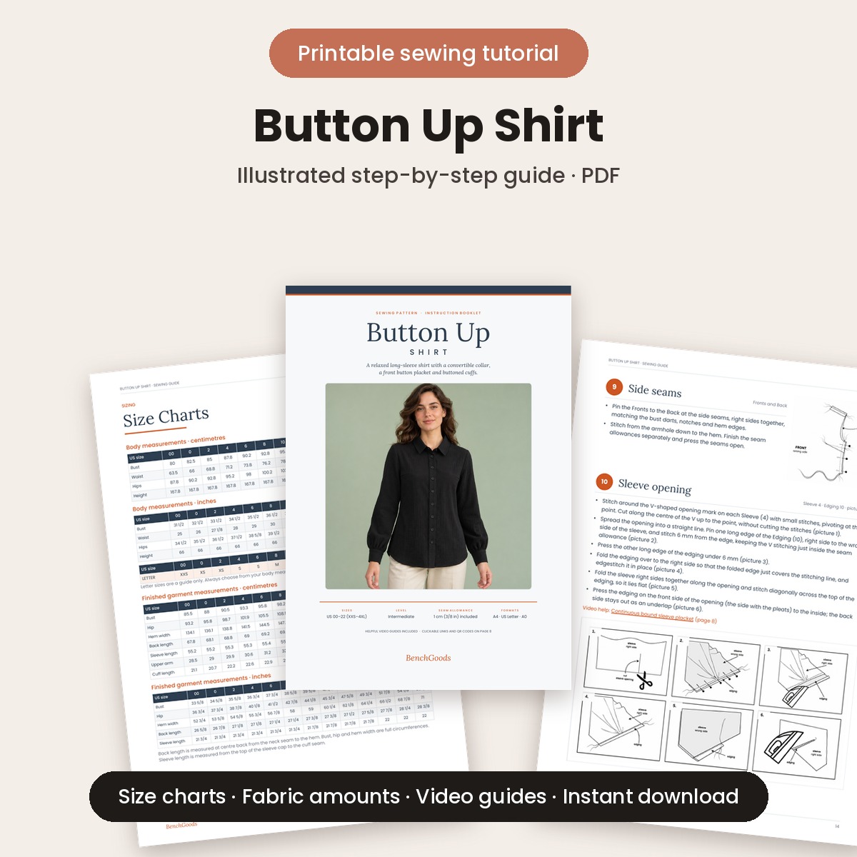 Button up shirt printable sewing tutorial PDF with illustrated step-by-step instructions