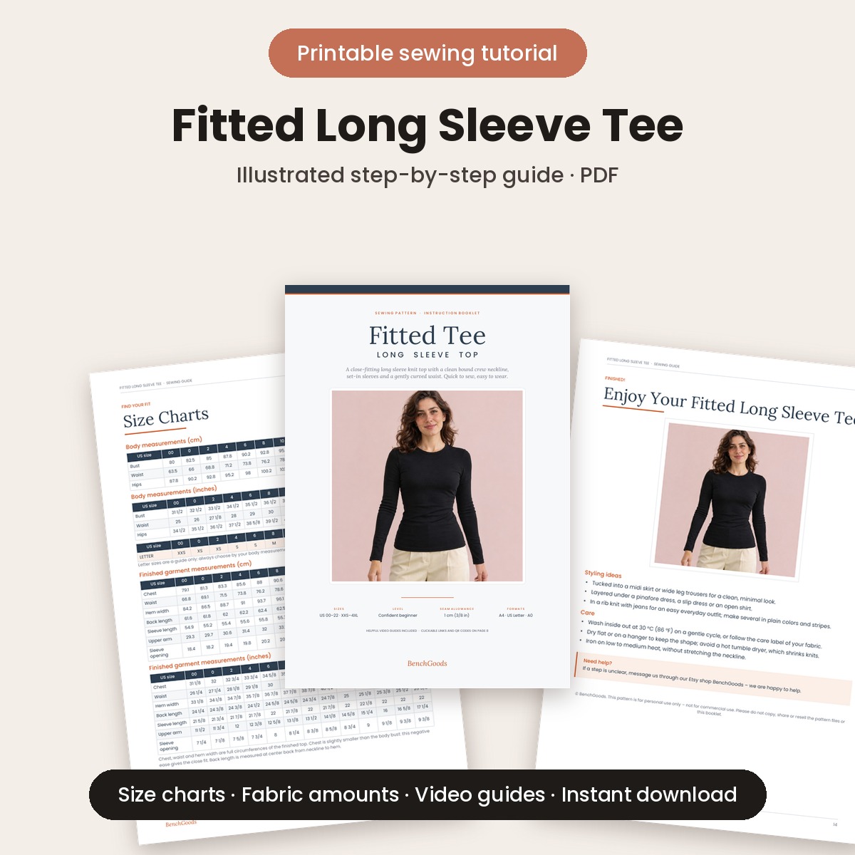 Fitted long sleeve tee printable sewing tutorial PDF with illustrated step-by-step instructions
