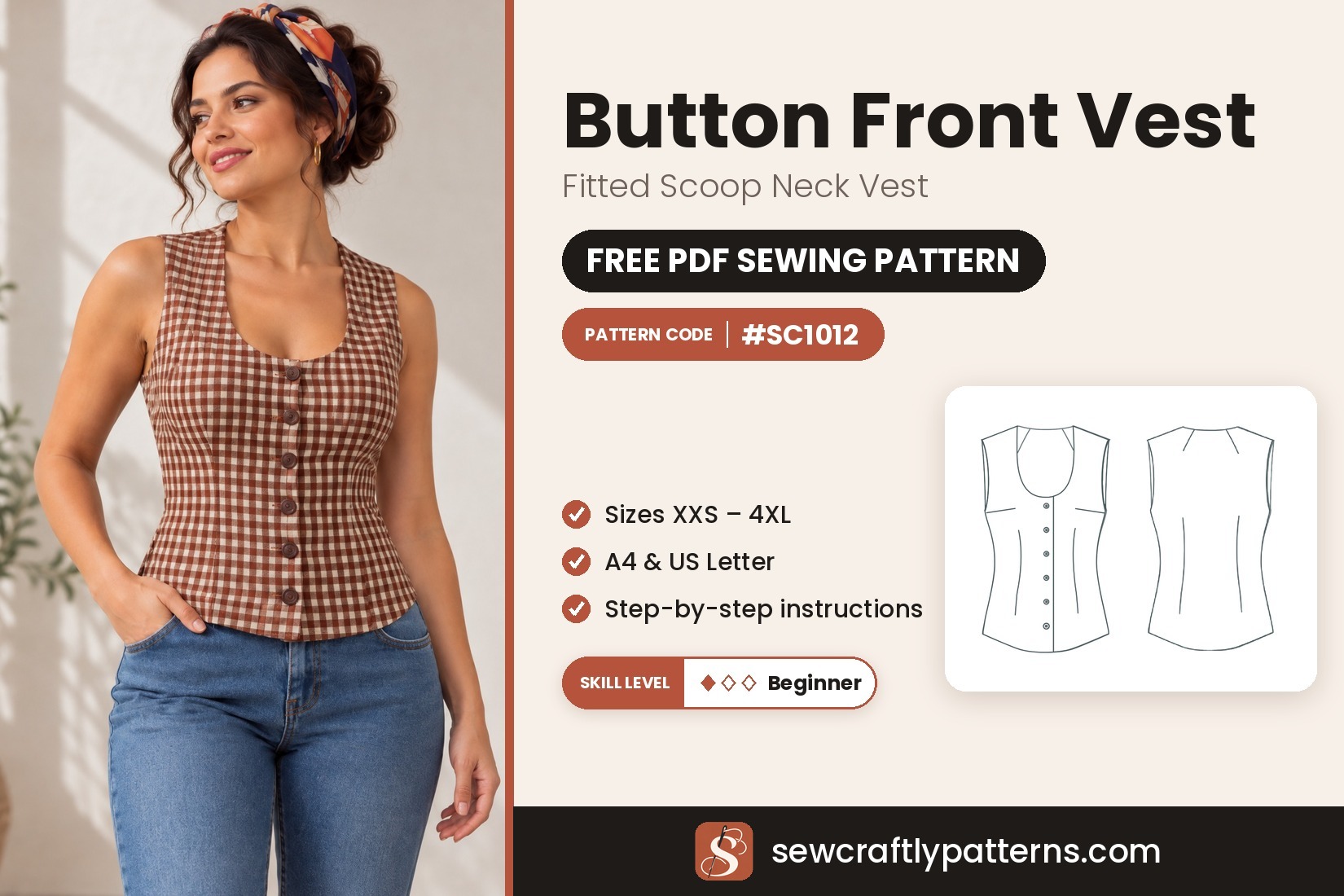 Button Front Vest Sewing Pattern – Free PDF #SC1012