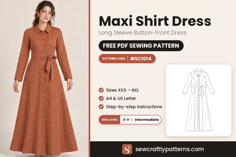 Free maxi shirt dress sewing pattern PDF SC1014 with step-by-step instructions, sizes XXS to 4XL