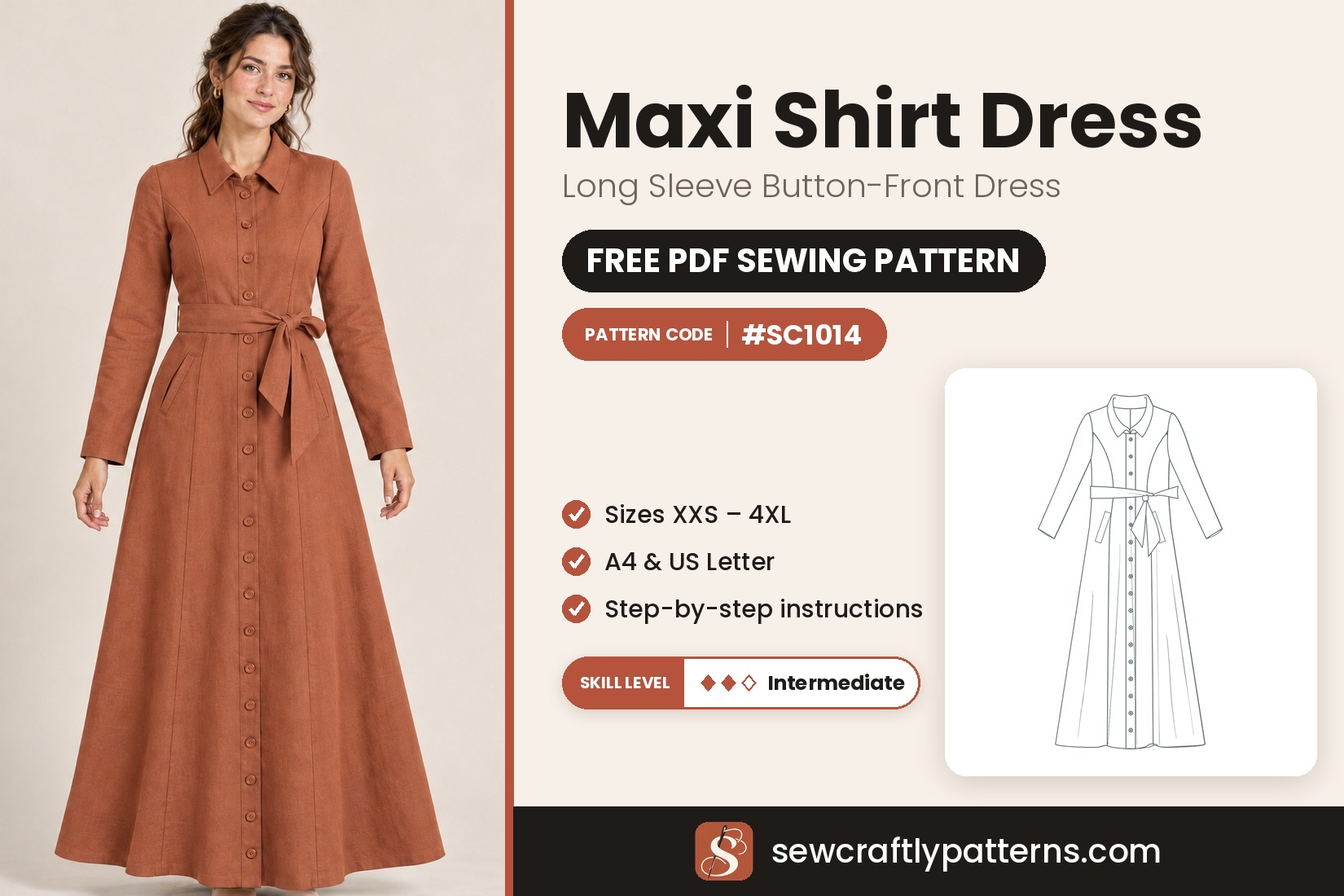 Free maxi shirt dress sewing pattern PDF SC1014 with step-by-step instructions, sizes XXS to 4XL