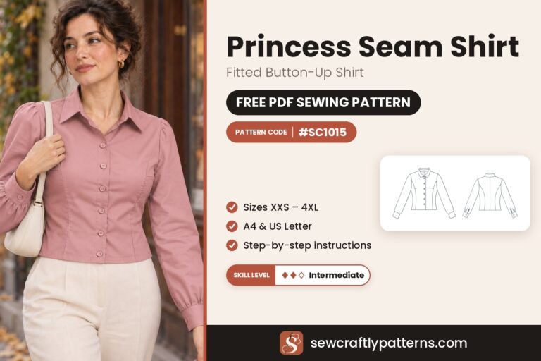 Free princess seam shirt sewing pattern PDF SC1015 with step-by-step instructions, sizes XXS to 4XL
