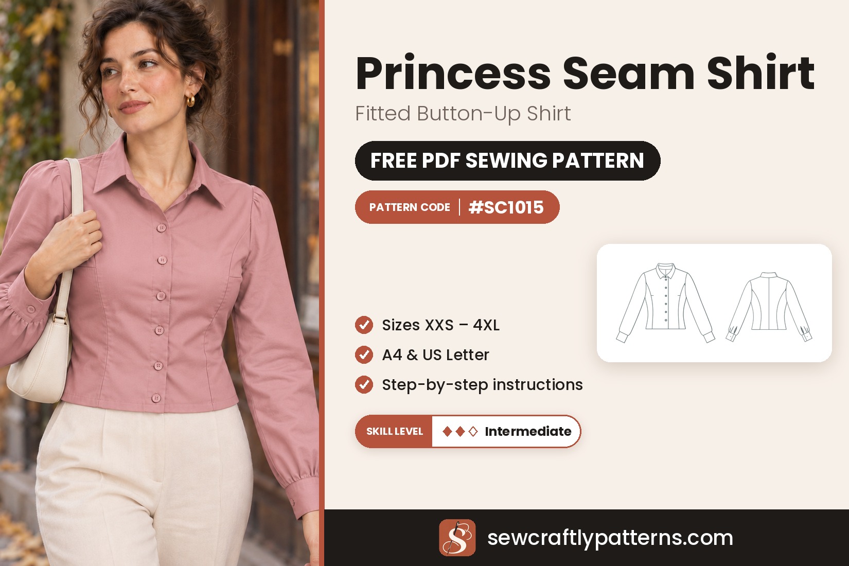 Free princess seam shirt sewing pattern PDF SC1015 with step-by-step instructions, sizes XXS to 4XL