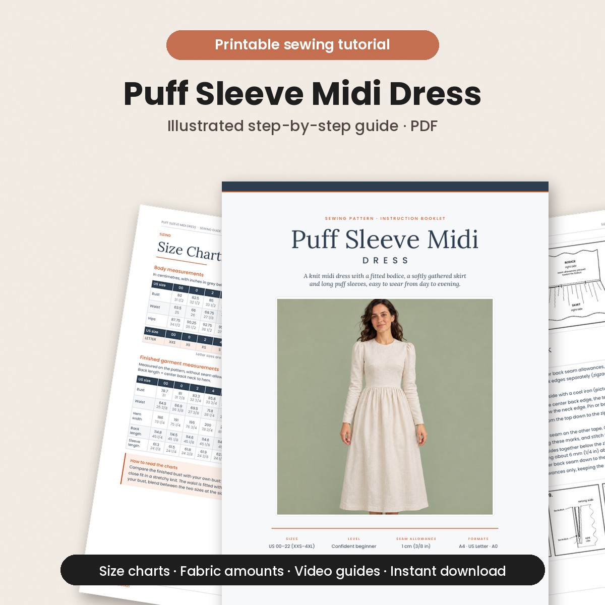Puff sleeve midi dress printable sewing tutorial PDF with illustrated step-by-step instructions