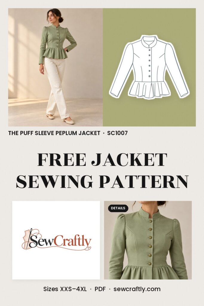 Free puff sleeve peplum jacket sewing pattern PDF SC1007, sizes XXS to 4XL