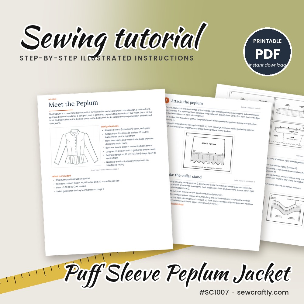 Puff sleeve peplum jacket printable sewing tutorial PDF with illustrated step-by-step instructions
