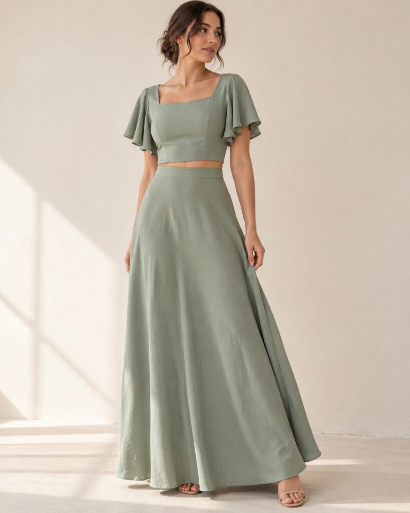 Model wearing the Selma two-piece set: cropped square-neck flutter sleeve top and maxi skirt in sage green