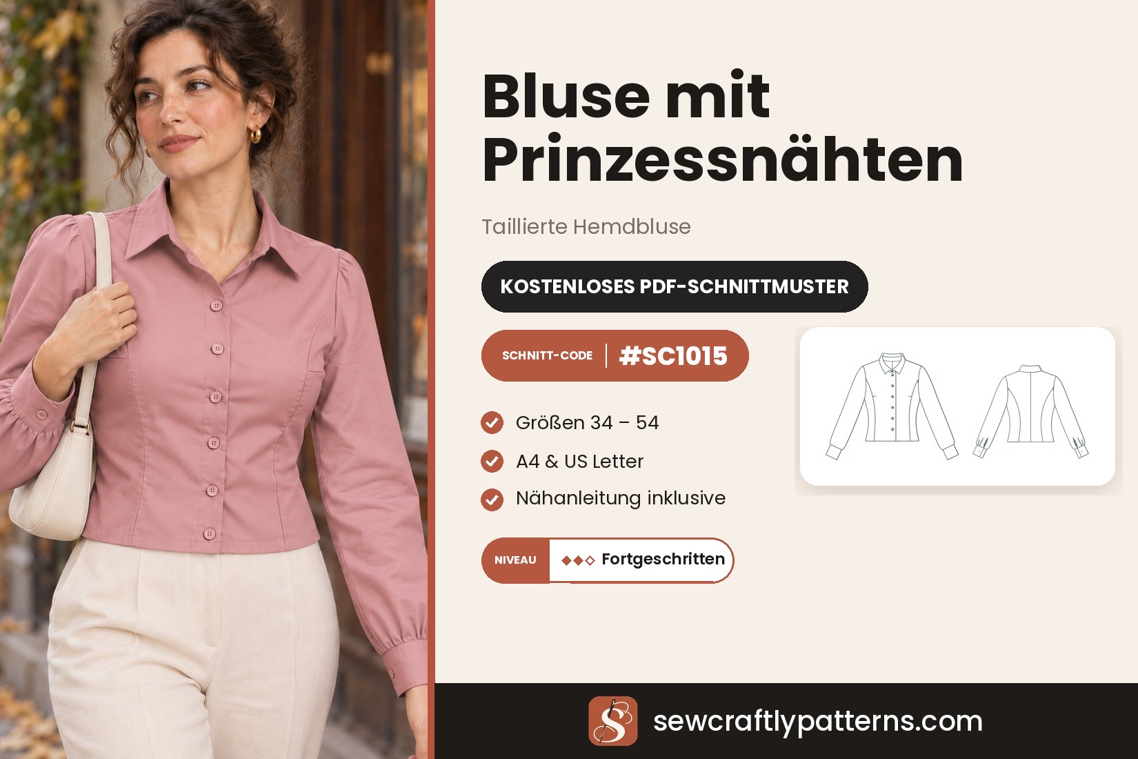 Bluse mit Prinzessnähten Schnittmuster – Kostenloses PDF