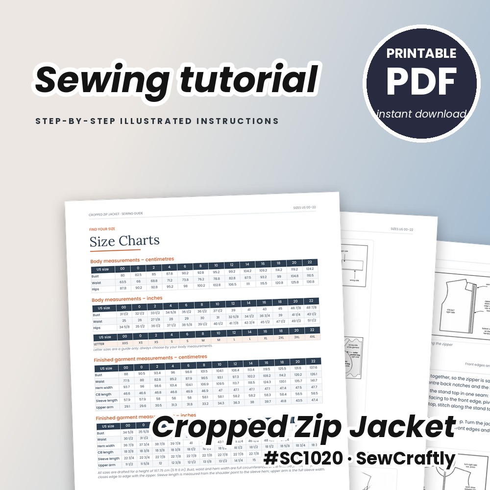 Cropped zip jacket printable sewing tutorial PDF with illustrated step-by-step instructions