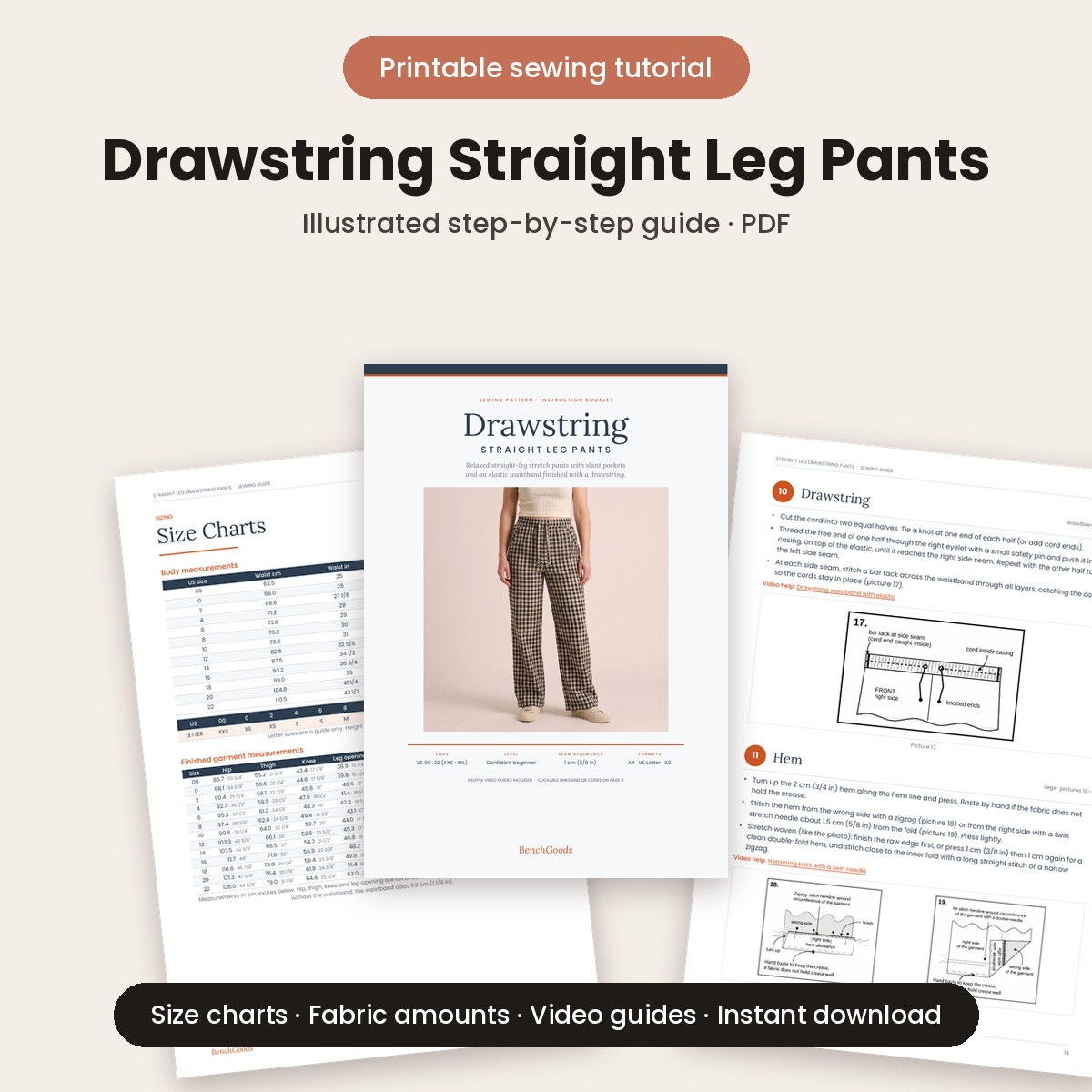 Drawstring straight leg pants printable sewing tutorial PDF with illustrated step-by-step instructions