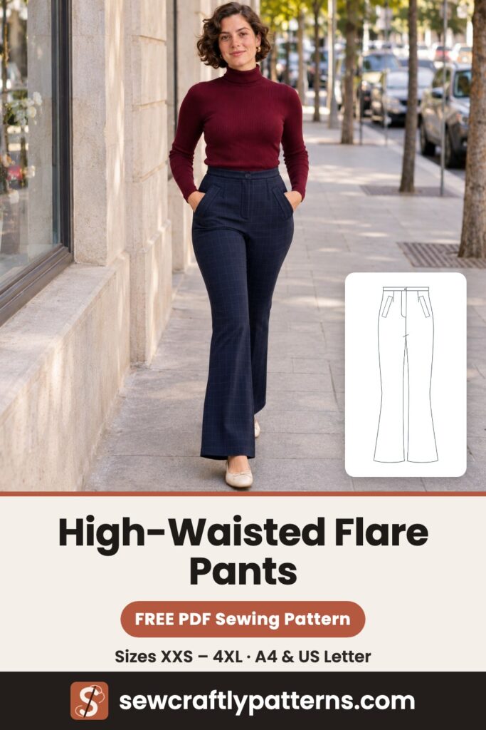 Free high-waisted flare pants sewing pattern PDF pin, sizes XXS to 4XL, sewcraftlypatterns.com