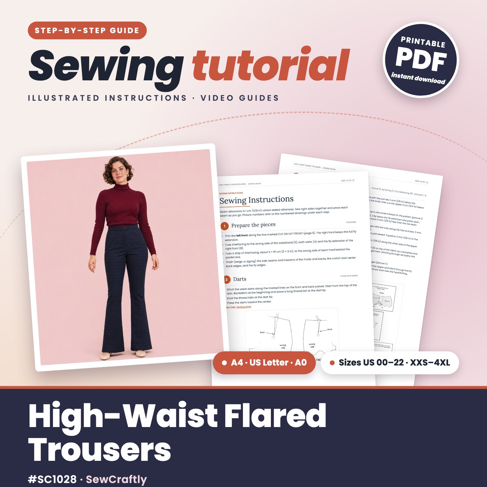 Flare pants printable sewing tutorial PDF with illustrated step-by-step instructions, A4, US Letter and A0 pattern files