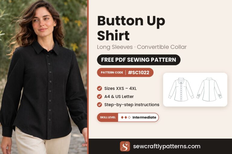 Button up shirt free PDF sewing pattern SC1022 with step-by-step instructions, sizes XXS to 4XL