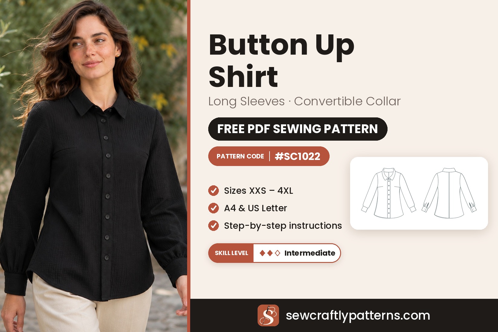 Button up shirt free PDF sewing pattern SC1022 with step-by-step instructions, sizes XXS to 4XL