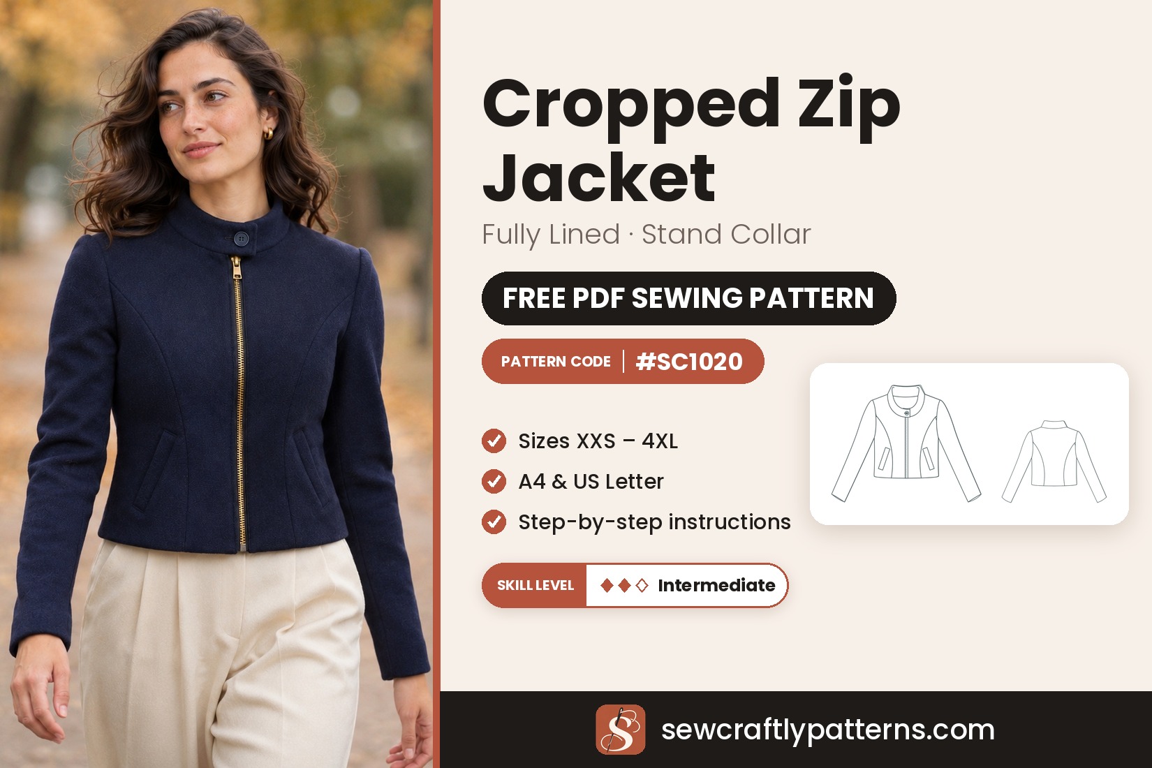Cropped zip jacket free PDF sewing pattern SC1020 with step-by-step instructions, sizes XXS–4XL