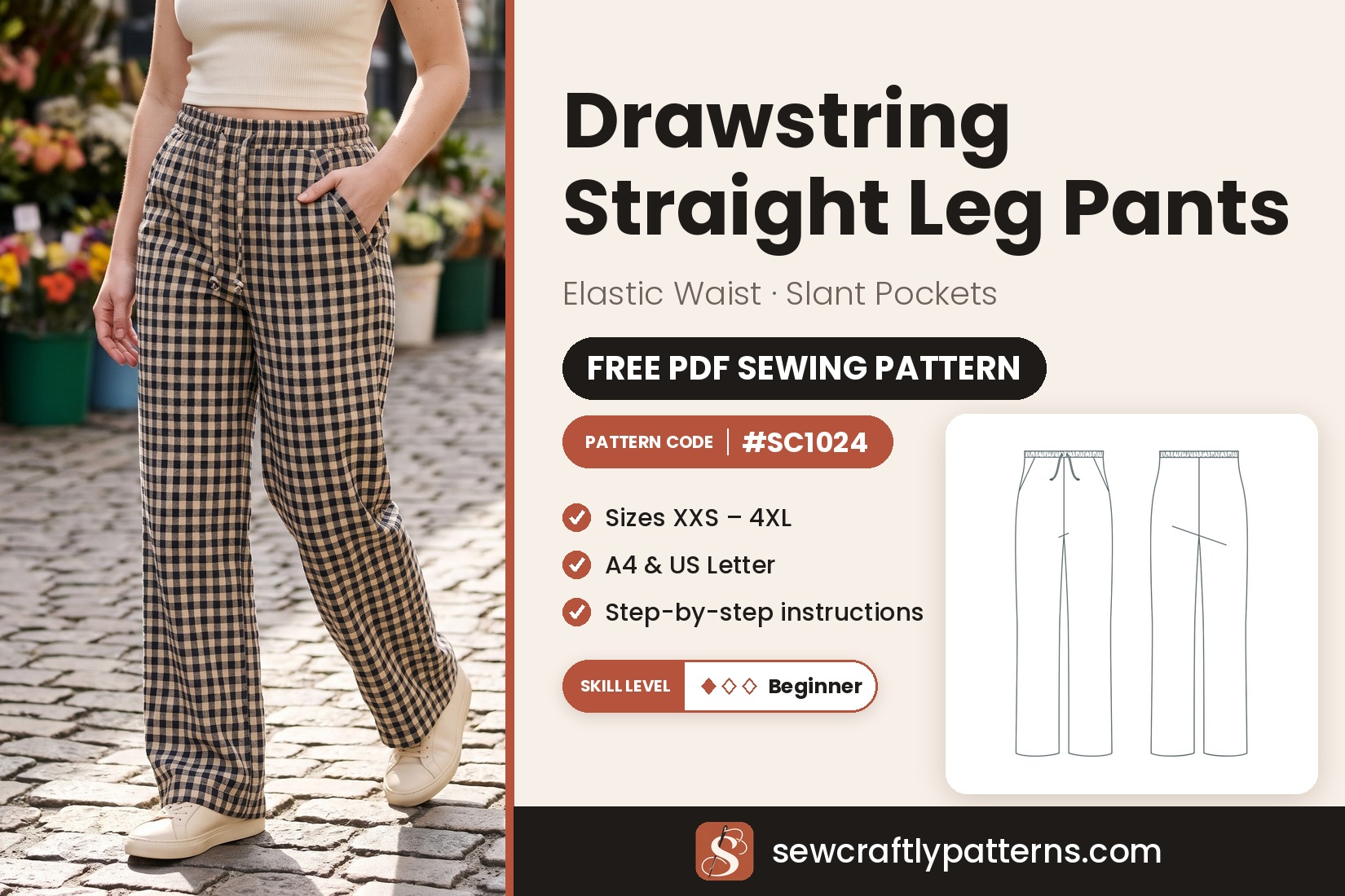 Drawstring straight leg pants free PDF sewing pattern SC1024 with step-by-step instructions, sizes XXS to 4XL