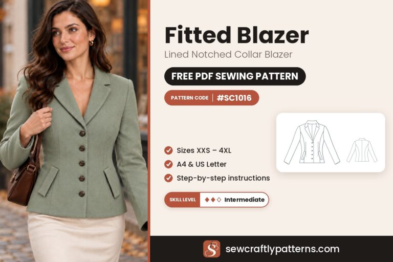 Free fitted blazer sewing pattern PDF SC1016 with step-by-step instructions, sizes XXS to 4XL