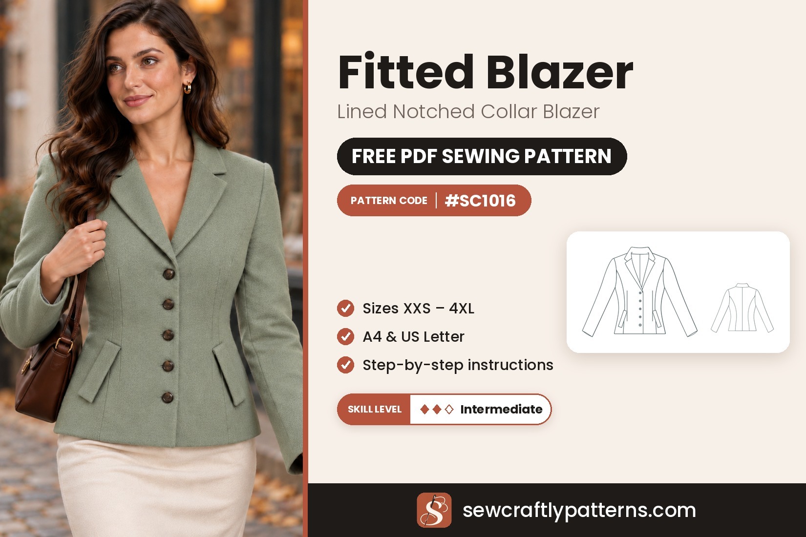 Free fitted blazer sewing pattern PDF SC1016 with step-by-step instructions, sizes XXS to 4XL