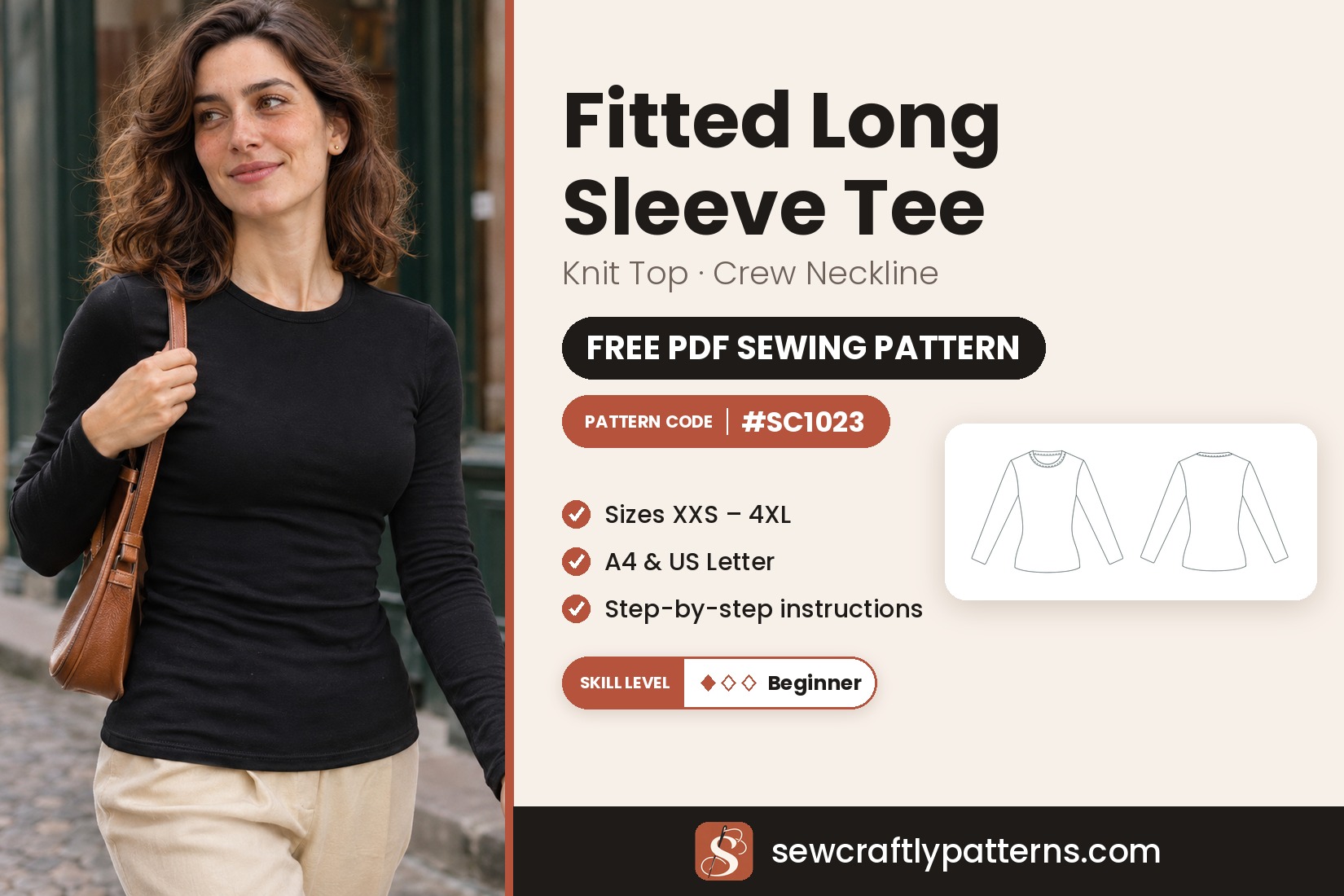 Fitted long sleeve tee free PDF sewing pattern SC1023 with step-by-step instructions, sizes XXS to 4XL