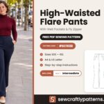 High-waisted flare pants free PDF sewing pattern SC1028 with slanted welt pockets and fly zipper, sizes XXS to 4XL
