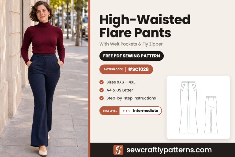 High-waisted flare pants free PDF sewing pattern SC1028 with slanted welt pockets and fly zipper, sizes XXS to 4XL