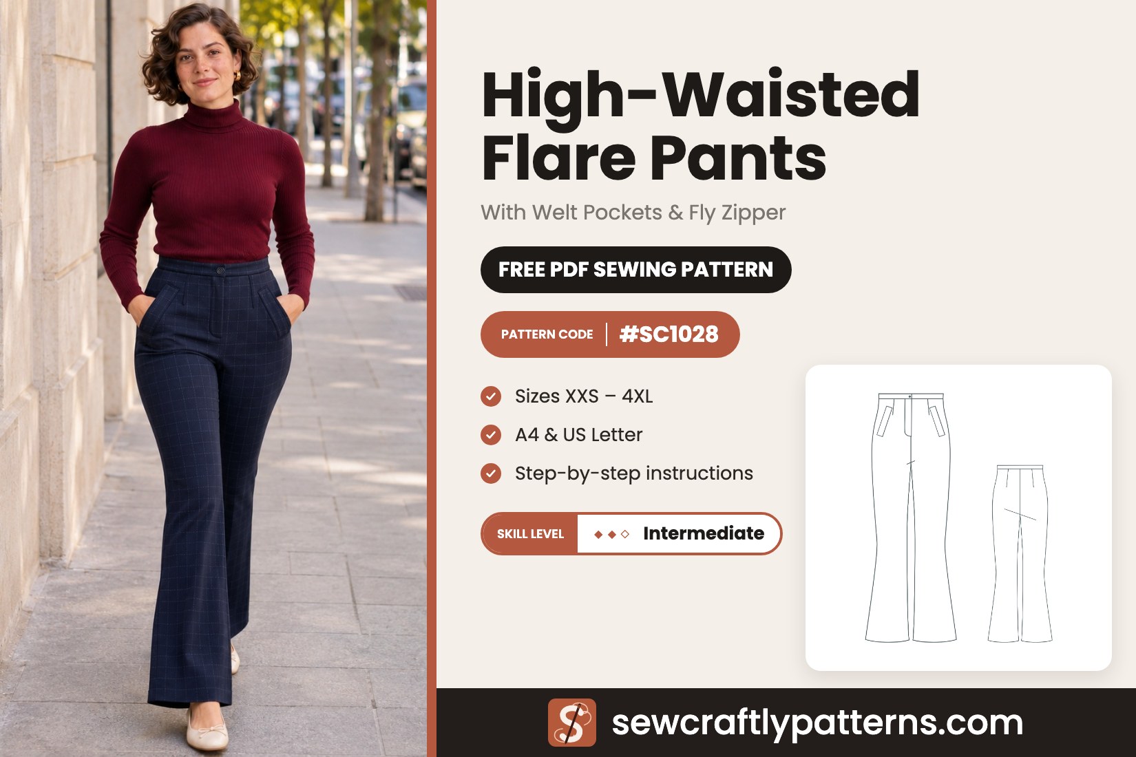 High-waisted flare pants free PDF sewing pattern SC1028 with slanted welt pockets and fly zipper, sizes XXS to 4XL