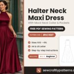 Halter neck maxi dress with mock neck collar free PDF sewing pattern SC1027 with step-by-step instructions, sizes XXS to 4XL
