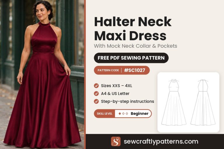 Halter neck maxi dress with mock neck collar free PDF sewing pattern SC1027 with step-by-step instructions, sizes XXS to 4XL