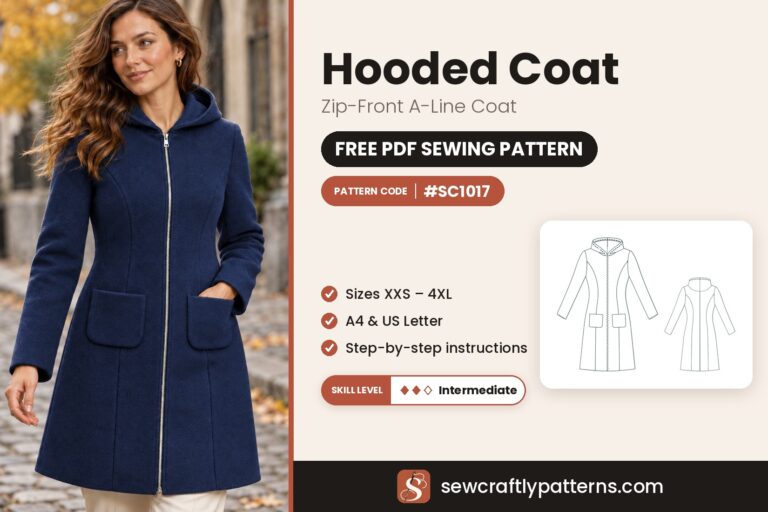 Free hooded coat sewing pattern PDF SC1017 with step-by-step instructions, sizes XXS to 4XL