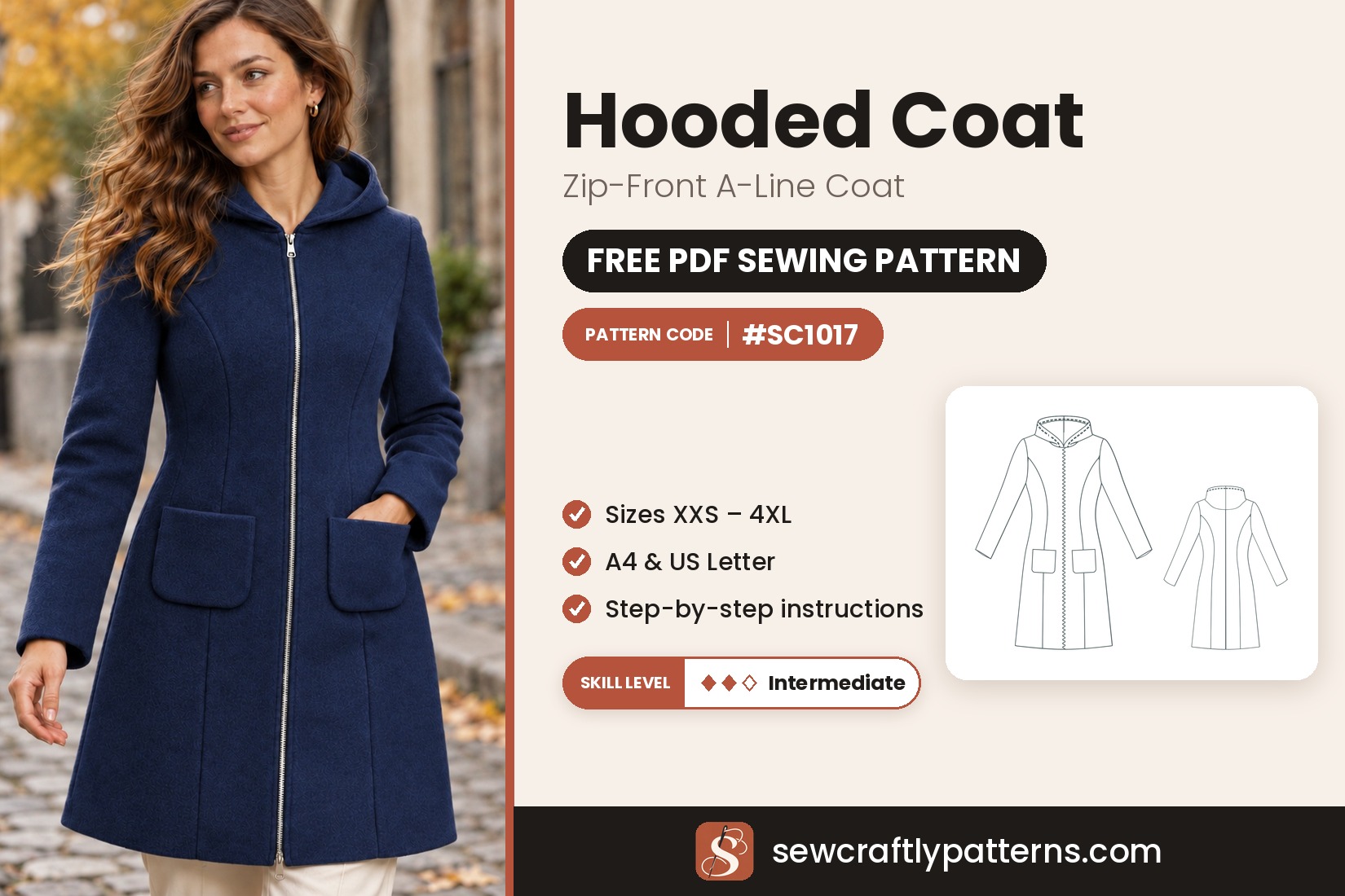 Free hooded coat sewing pattern PDF SC1017 with step-by-step instructions, sizes XXS to 4XL