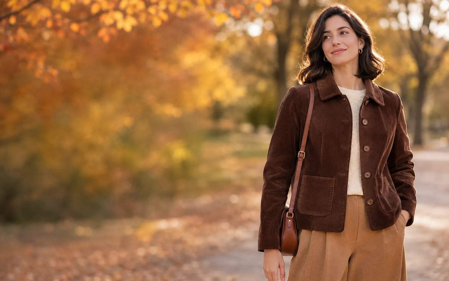 Woman in a handmade brown corduroy jacket sewn from a free jacket sewing pattern in an autumn park