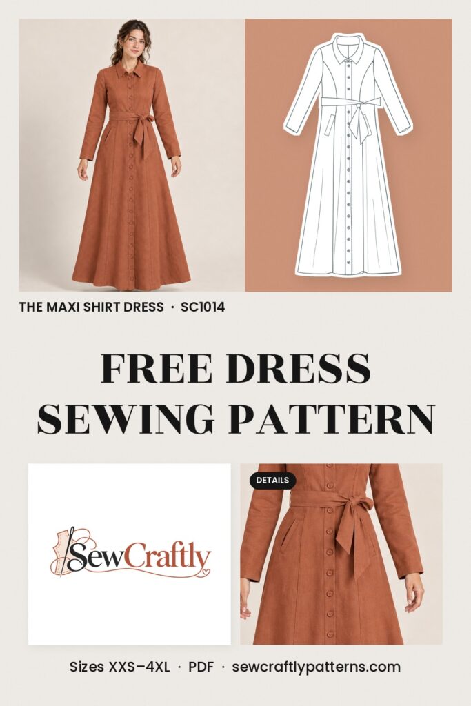 Free maxi shirt dress sewing pattern PDF SC1014, sizes XXS–4XL