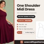 One shoulder midi dress free PDF sewing pattern SC1029 with darted bodice, full flared skirt and invisible zip, sizes XXS to 4XL