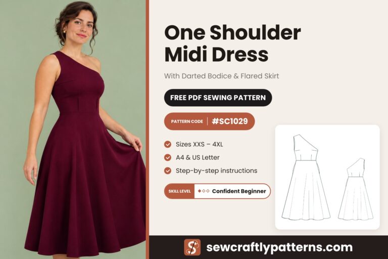 One shoulder midi dress free PDF sewing pattern SC1029 with darted bodice, full flared skirt and invisible zip, sizes XXS to 4XL