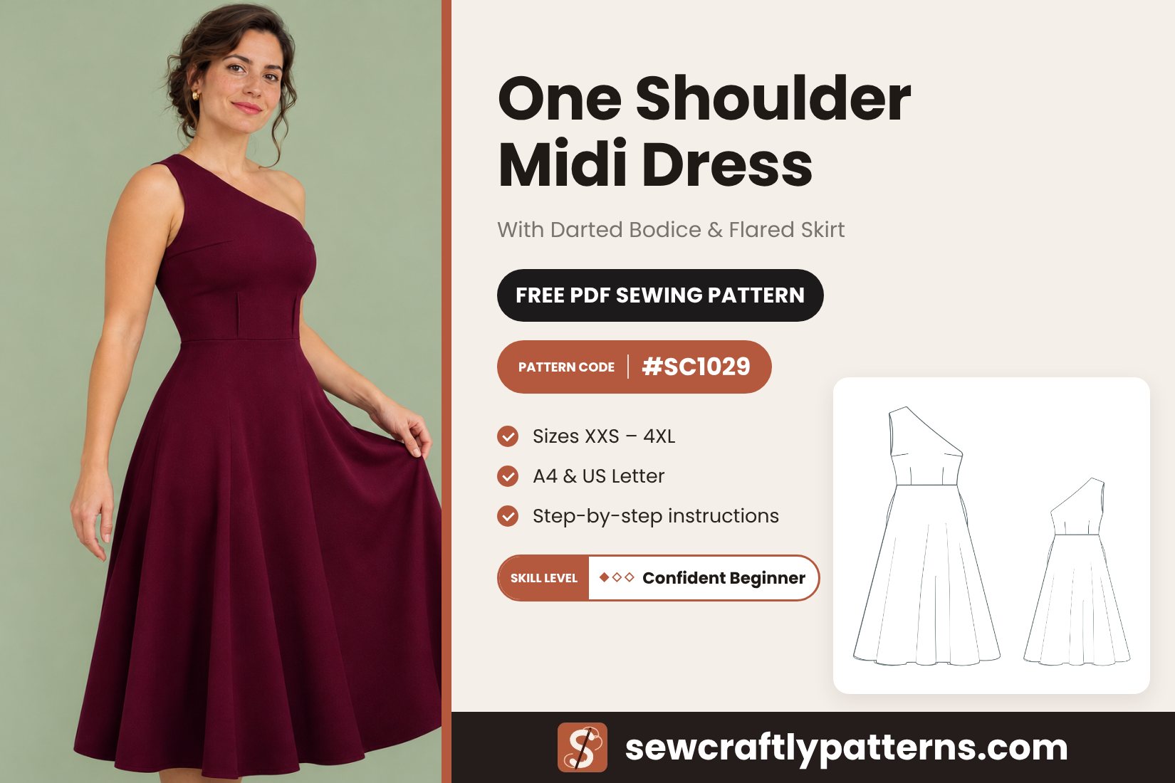 One shoulder midi dress free PDF sewing pattern SC1029 with darted bodice, full flared skirt and invisible zip, sizes XXS to 4XL