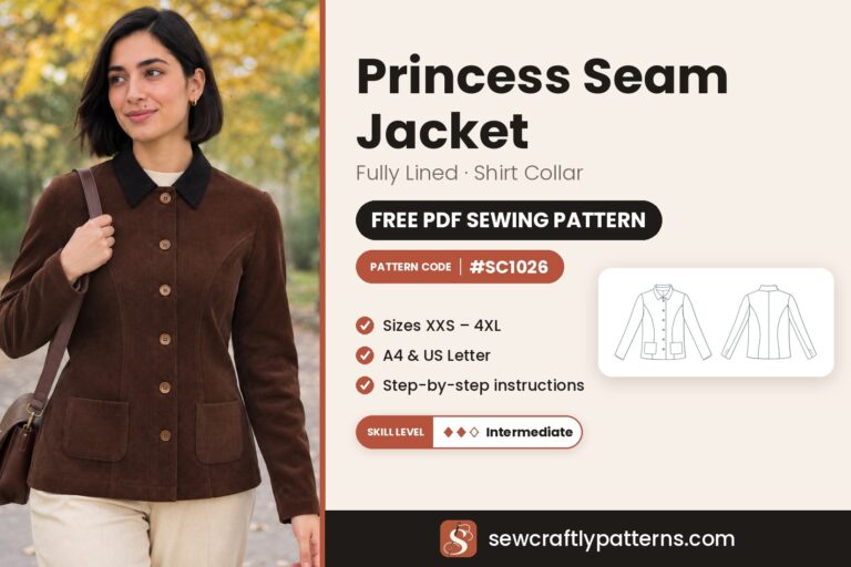 Princess seam jacket free PDF sewing pattern SC1026 with step-by-step instructions, sizes XXS to 4XL