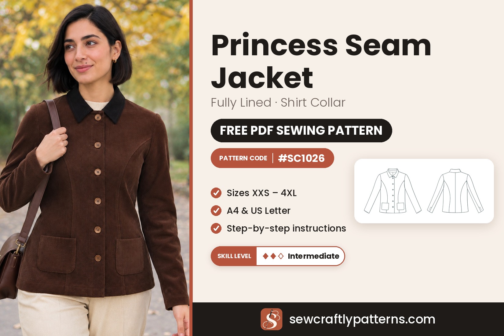 Princess seam jacket free PDF sewing pattern SC1026 with step-by-step instructions, sizes XXS to 4XL