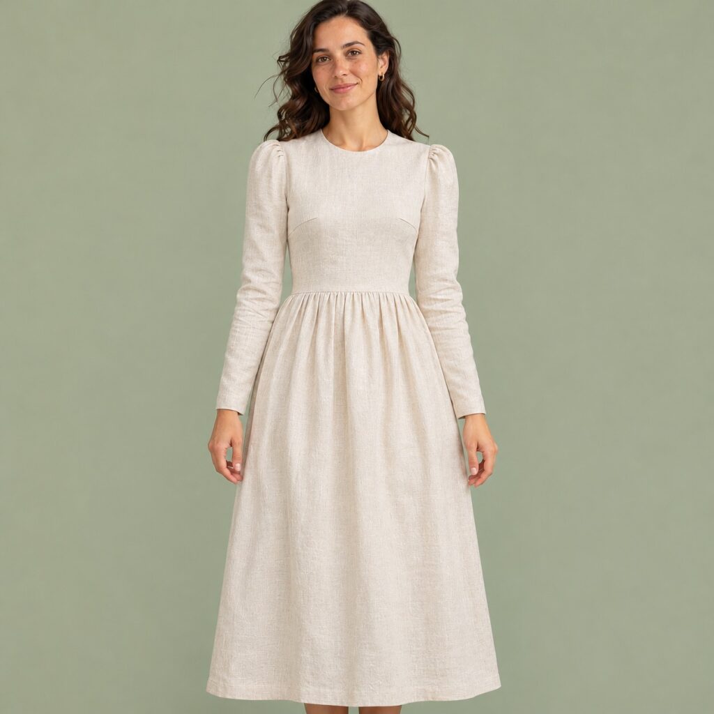 Woman wearing the free puff sleeve midi dress sewing pattern SC1021