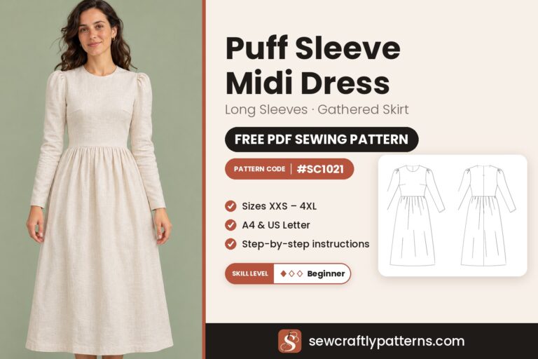 Puff sleeve midi dress free PDF sewing pattern SC1021 with step-by-step instructions, sizes XXS to 4XL