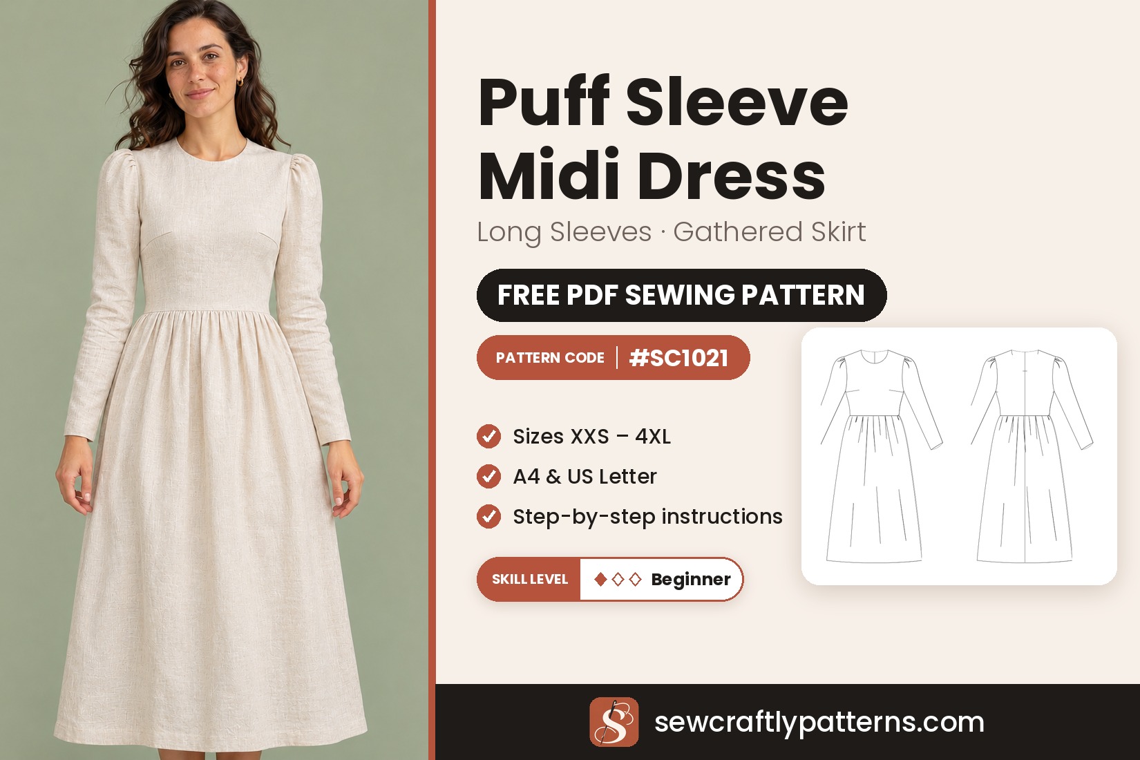 Puff Sleeve Midi Dress Sewing Pattern – Free PDF