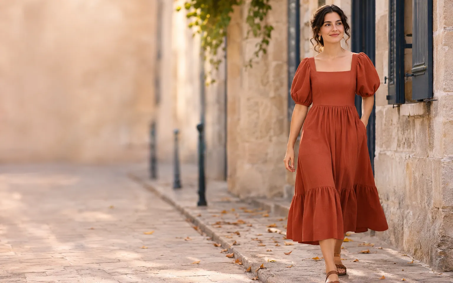 Woman wearing a handmade terracotta puff sleeve midi dress sewn from a free PDF sewing pattern