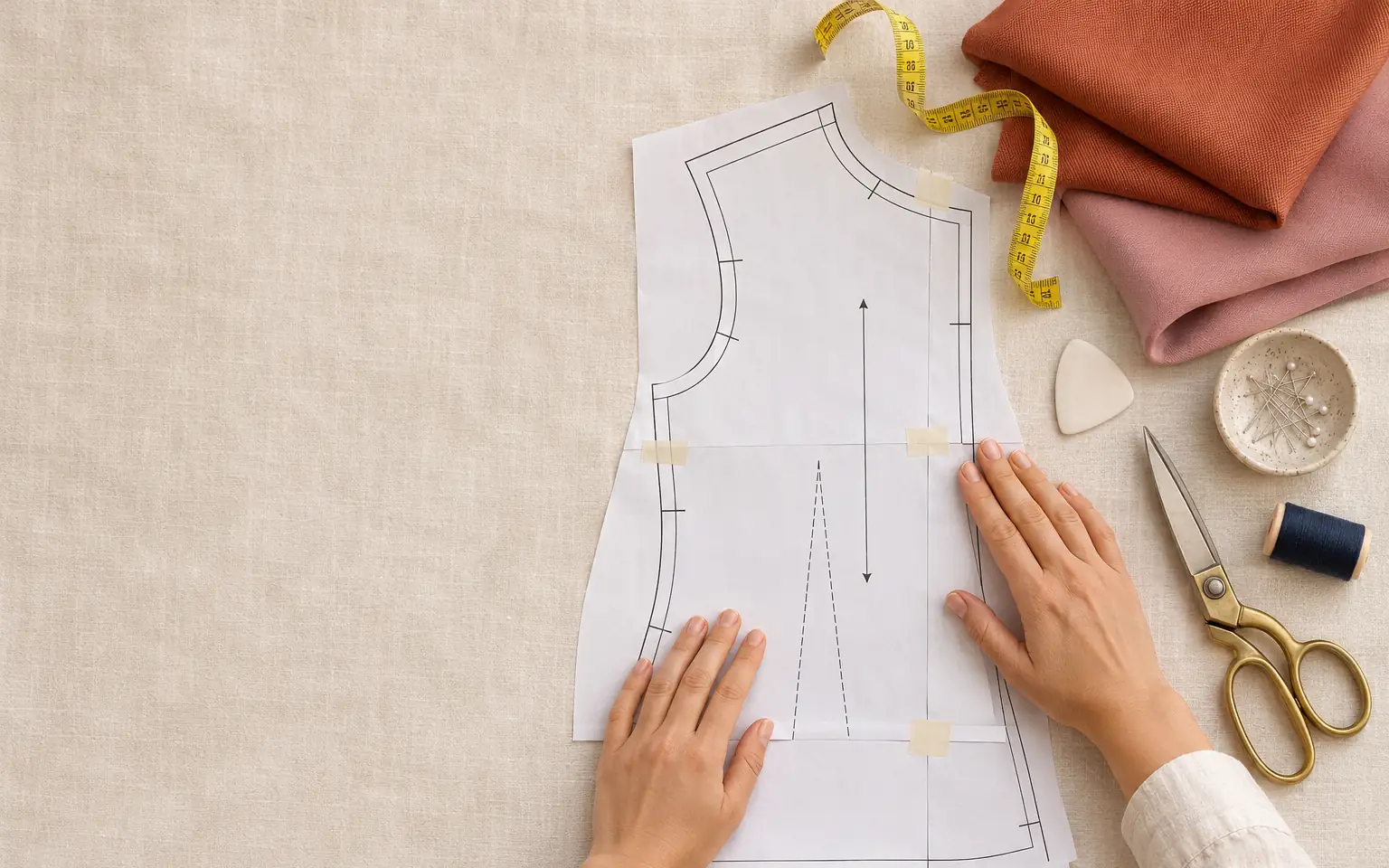 Hands placing a printed PDF sewing pattern on fabric with tape measure, scissors and pins