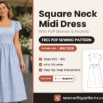 Square neck midi dress with puff sleeves free PDF sewing pattern SC1025 with step-by-step instructions, sizes XXS to 4XL