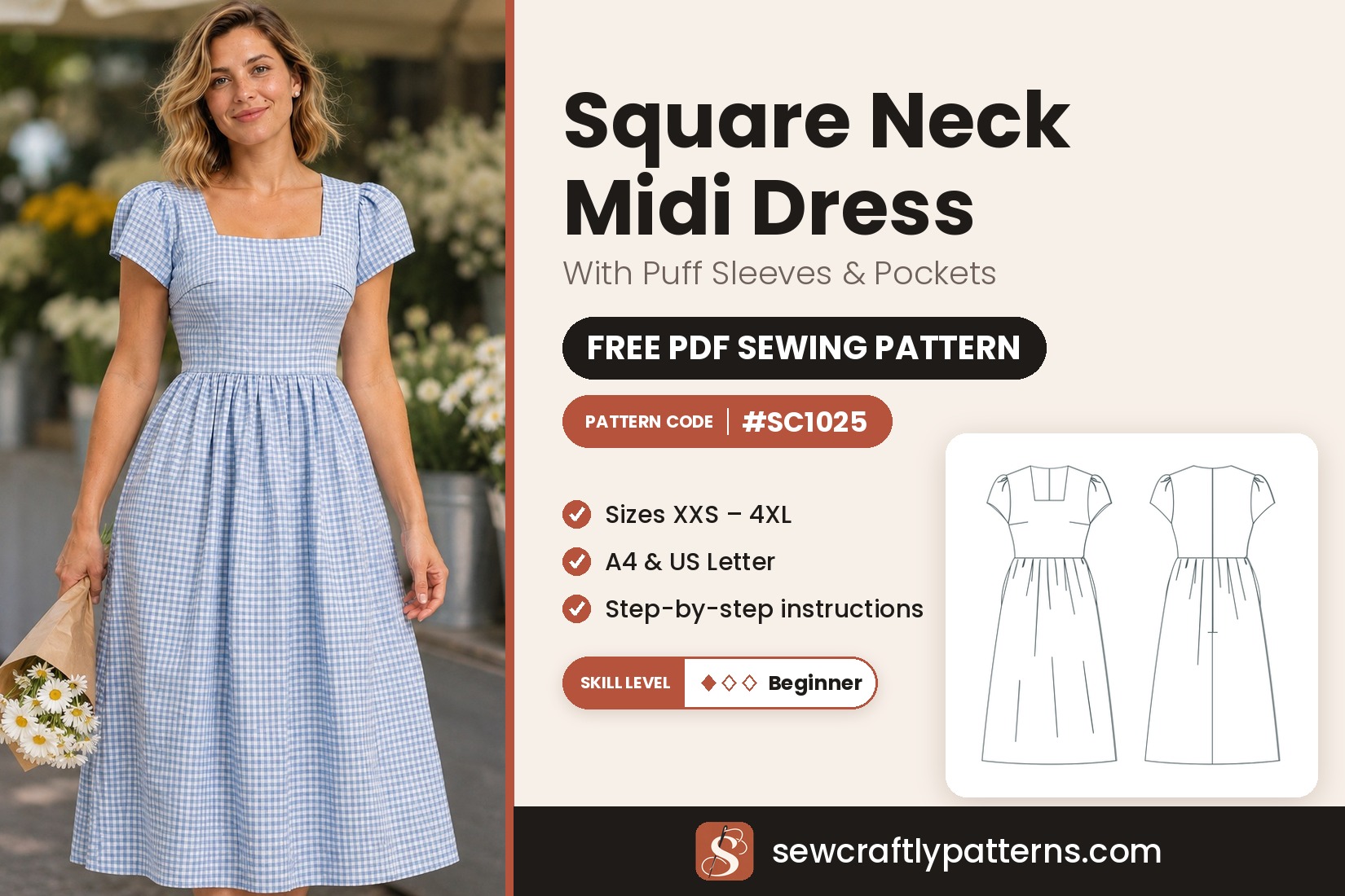 Square neck midi dress with puff sleeves free PDF sewing pattern SC1025 with step-by-step instructions, sizes XXS to 4XL