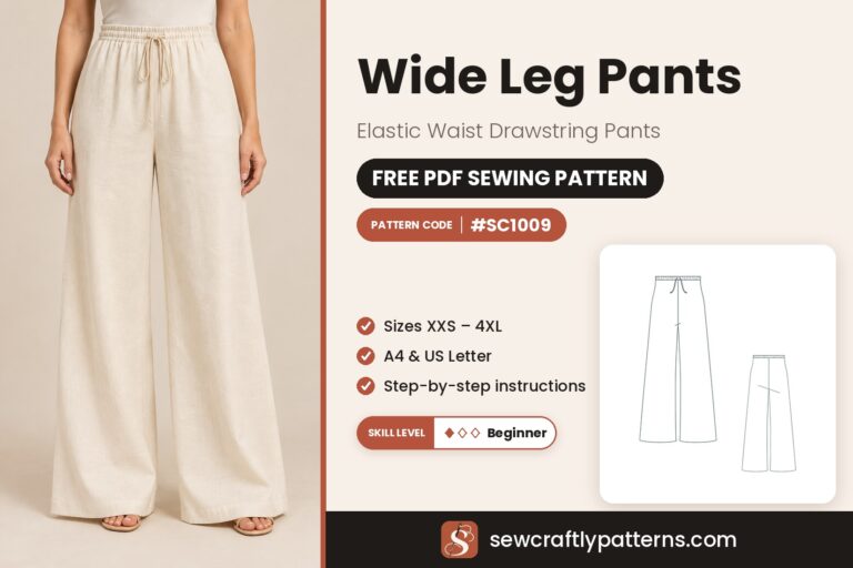 Free wide leg pants sewing pattern PDF SC1009 with step-by-step instructions, sizes XXS–4XL