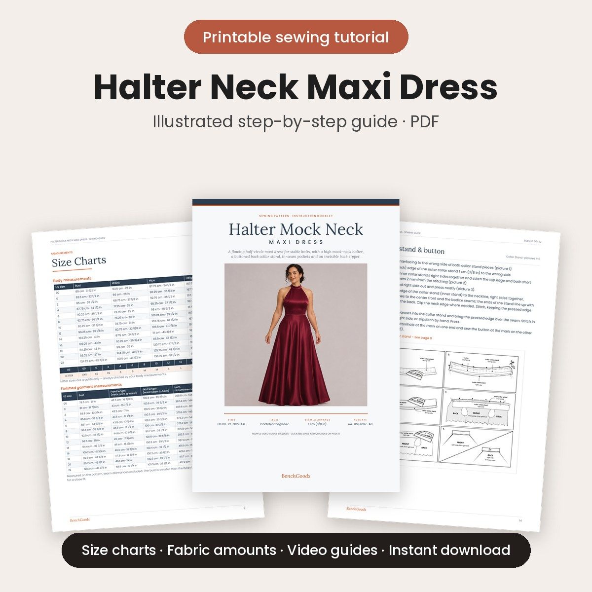 Halter neck maxi dress printable sewing tutorial PDF with illustrated step-by-step instructions