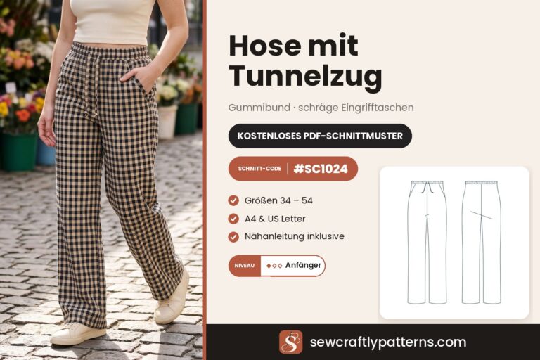 Kostenloses Schnittmuster für eine Hose mit Tunnelzug und geradem Bein als PDF, SC1024 mit Schritt-für-Schritt-Anleitung, Gr. 34 bis 54