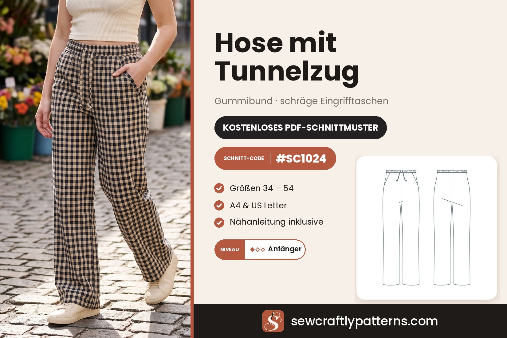 Kostenloses Schnittmuster für eine Hose mit Tunnelzug und geradem Bein als PDF, SC1024 mit Schritt-für-Schritt-Anleitung, Gr. 34 bis 54