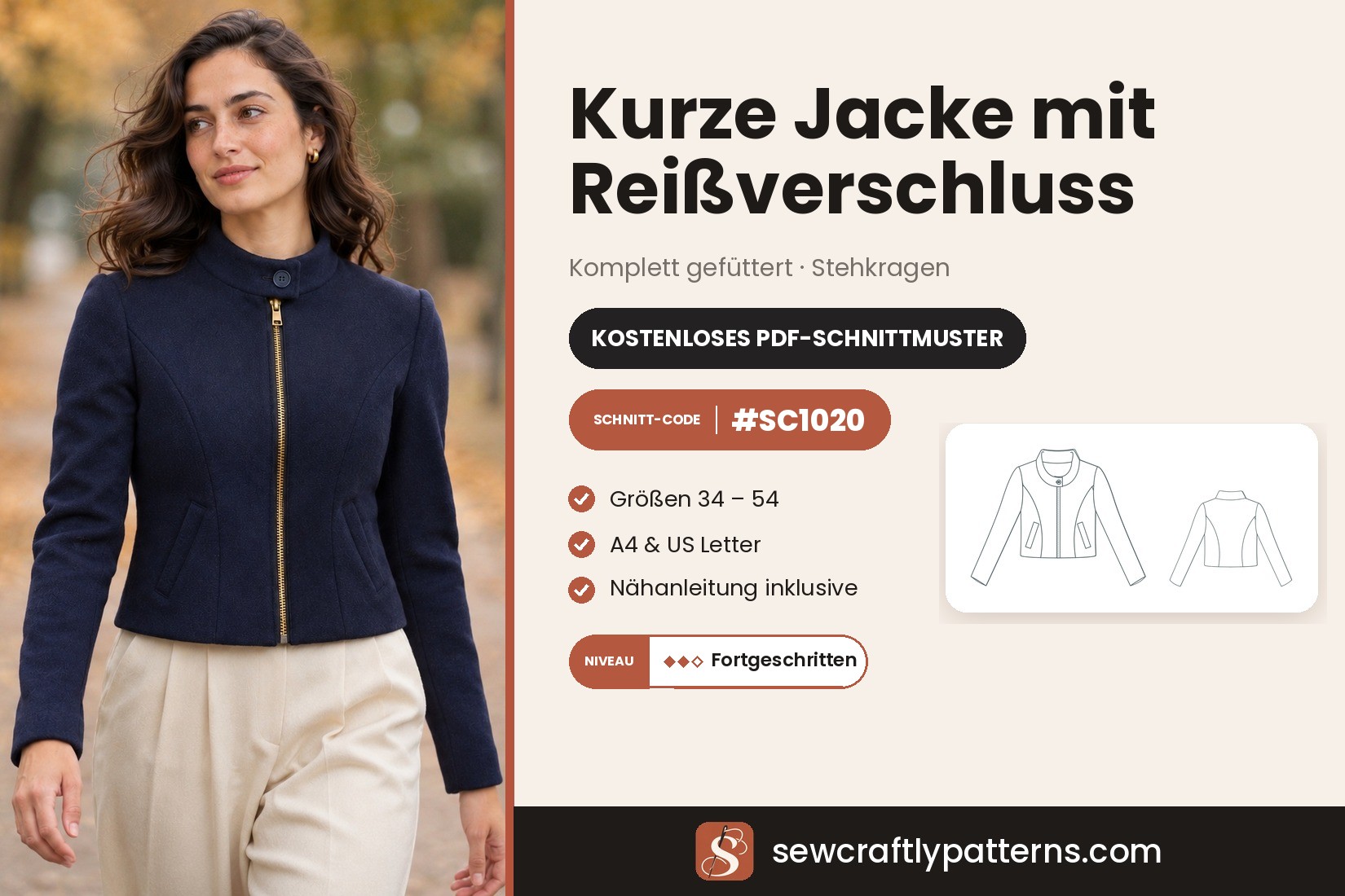 Kurze Jacke mit Reißverschluss Schnittmuster – Kostenloses PDF