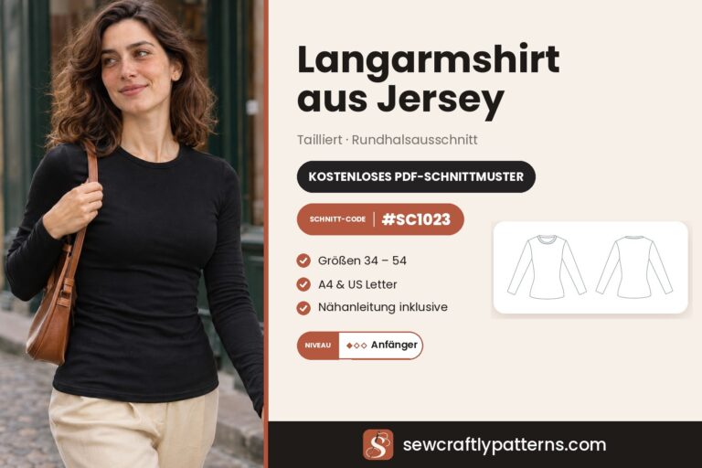 Kostenloses Schnittmuster für ein tailliertes Langarmshirt als PDF, SC1023 mit Schritt-für-Schritt-Anleitung, Gr. 34 bis 54